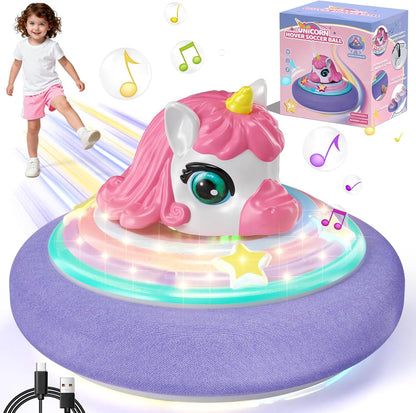SOGAWEBB unicorn hover soccer ball front view showing pink and purple design with LED lights on