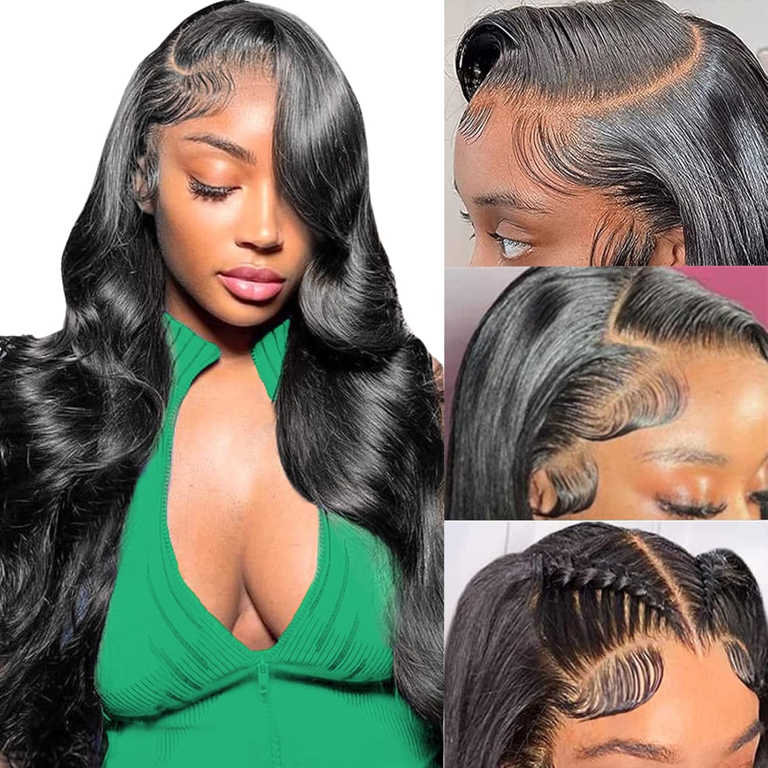 MUZOJET 13x6 Lace Front Human Hair Wig front view showcasing a pre-plucked hairline and natural black body waves.