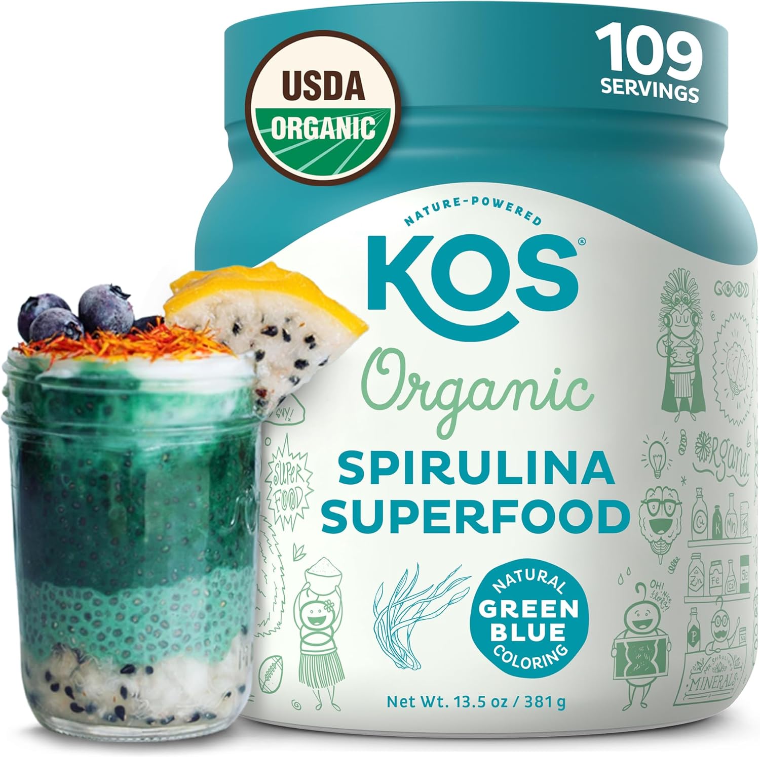 KOS Organic Spirulina Powder front view of 13.5 ounce superfood supplement jar