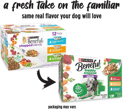 Beneful chopped blends dog food twelve count package displaying chicken beef and lamb options