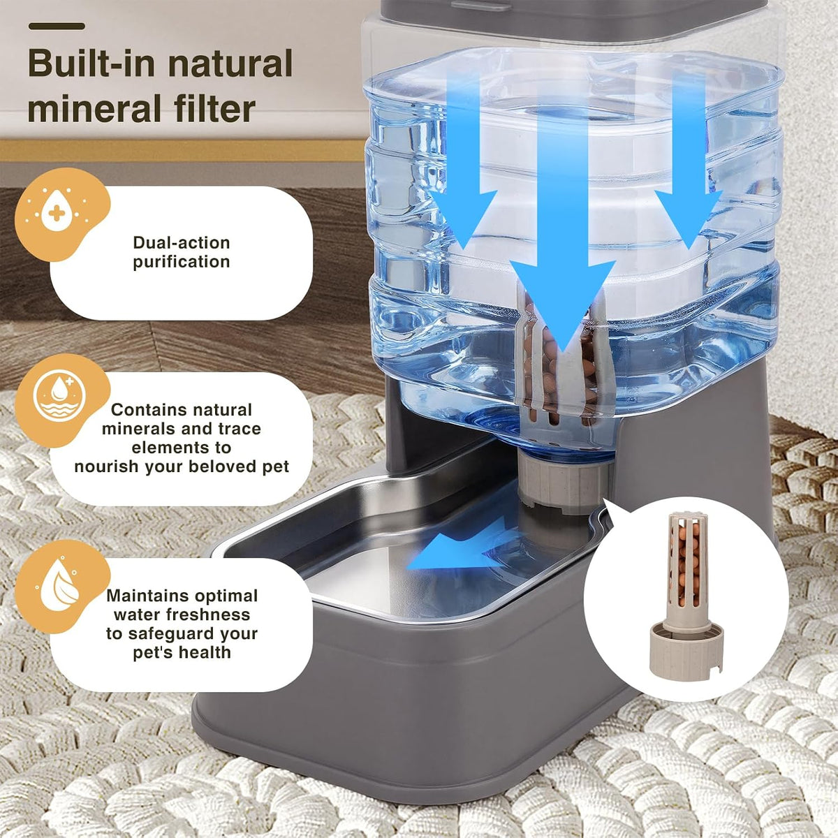Pawzone 1.3 gallon capacity food and water dispenser tanks side profile view.