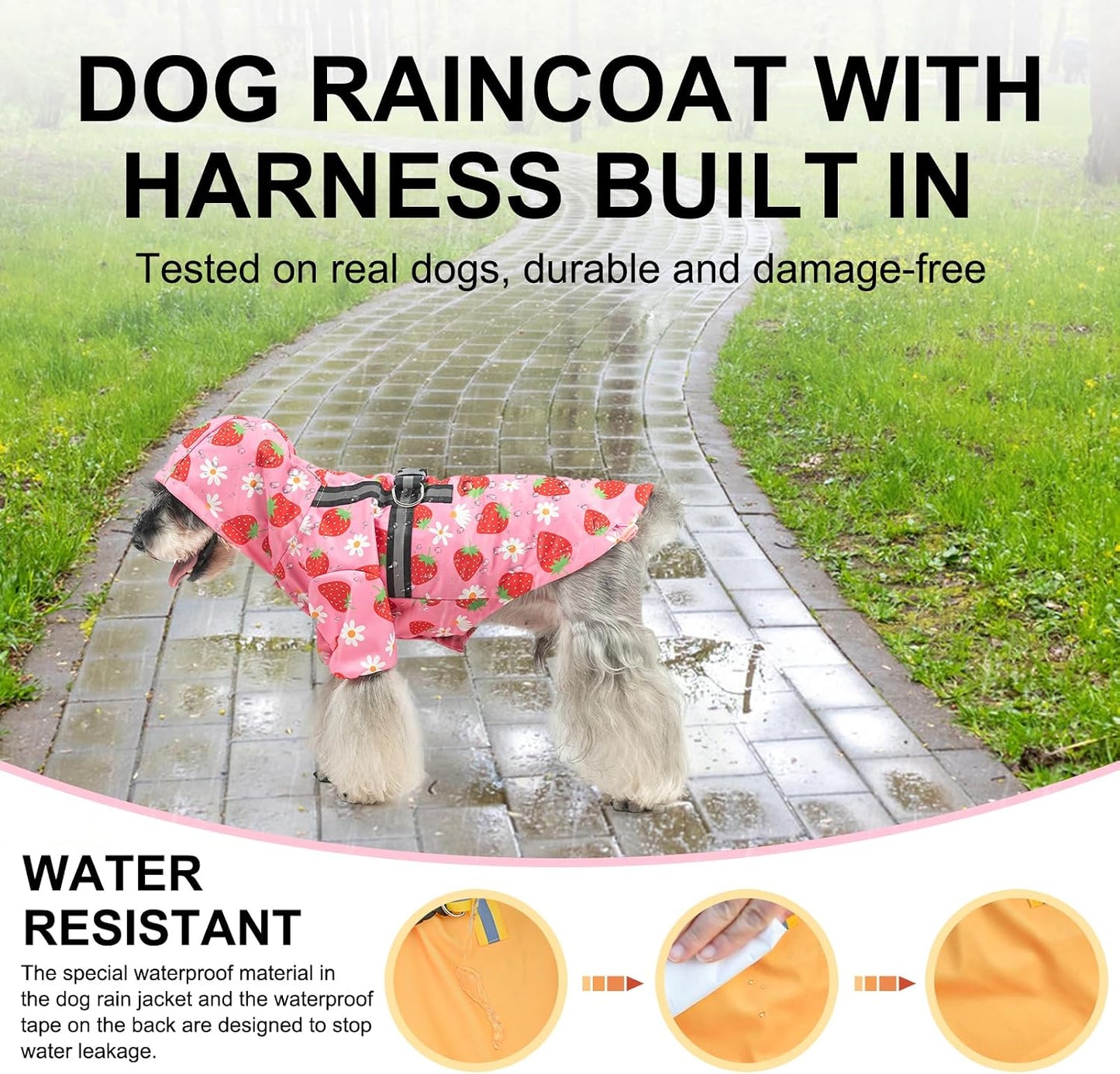 Hooded pet rain gear with elastic leg straps for maximum protection
