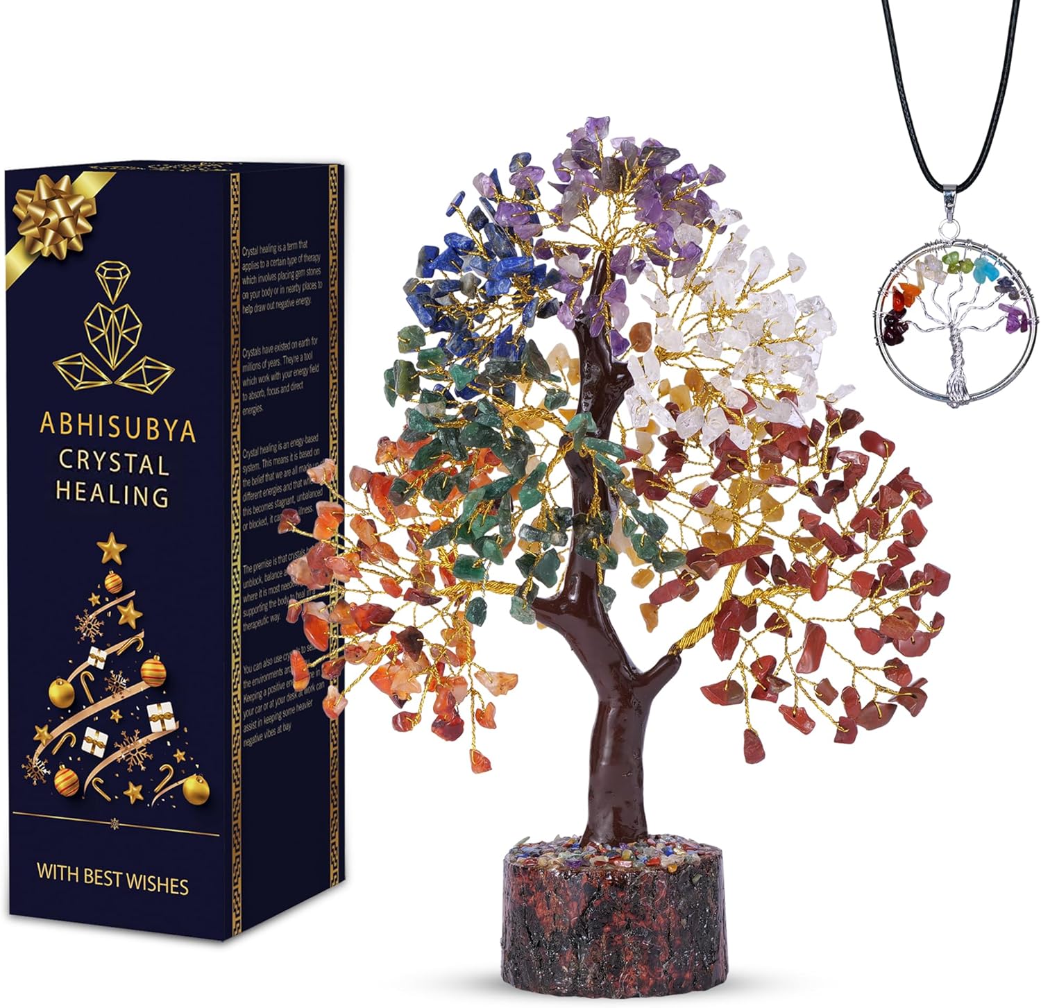 ABHISUBYA Seven Chakra Crystal Healing Bonsai Tree front view for home decor.