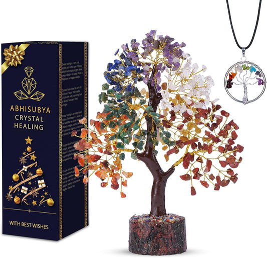 ABHISUBYA Seven Chakra Crystal Healing Bonsai Tree front view for home decor.