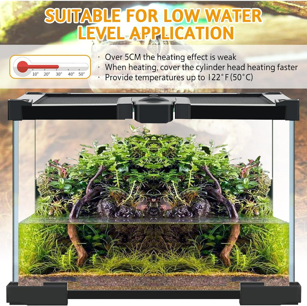 Hamiledyi reptile heating pad placed near a glass terrarium enclosure.