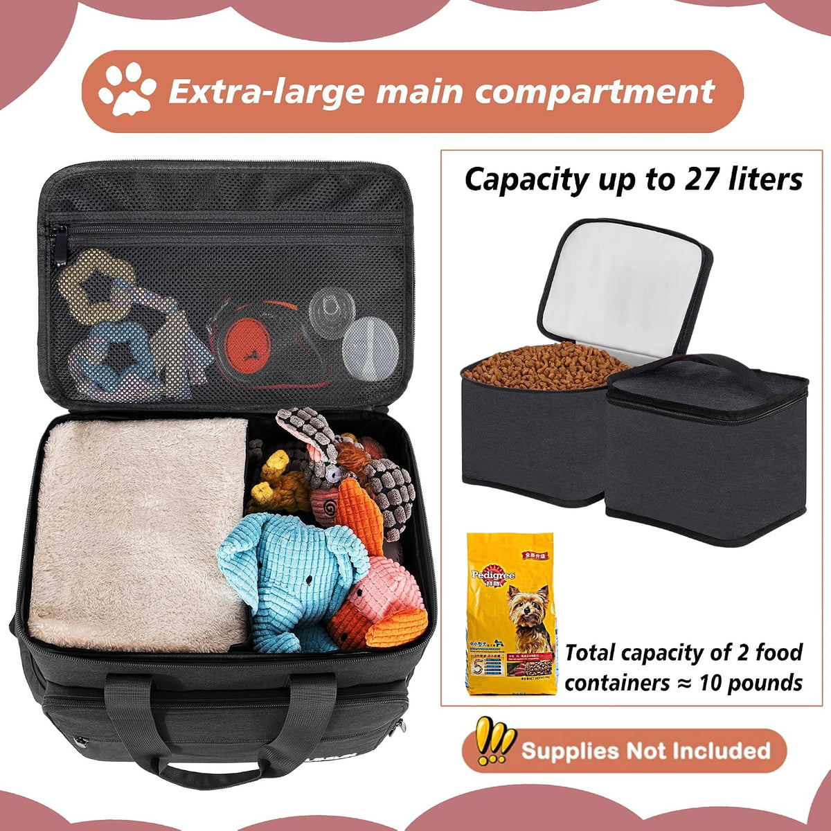LASUK large pet travel set showing the two included food storage containers and collapsible bowls packed inside.