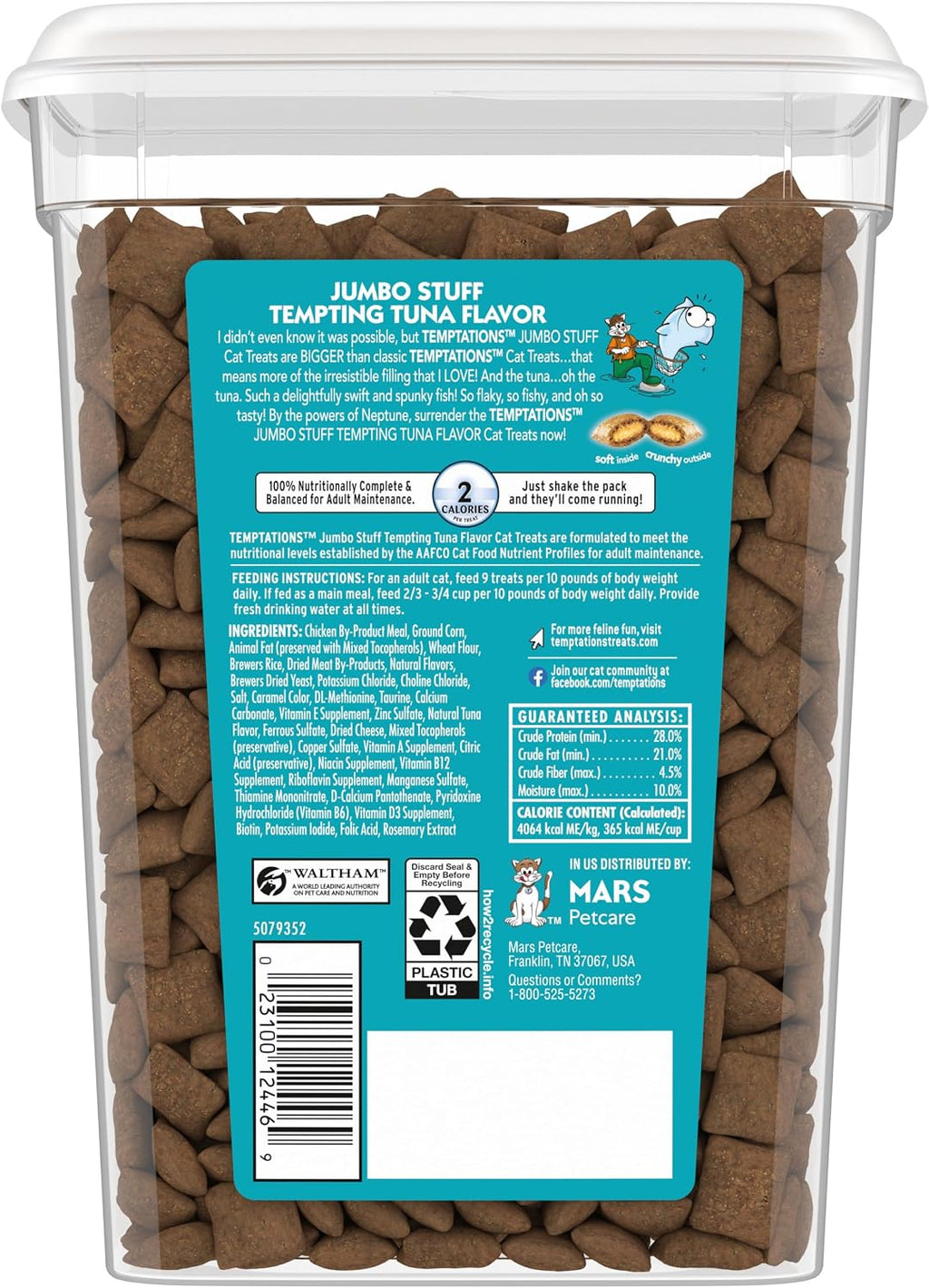 Temptations cat treats packaging showing crunchy and soft texture highlights