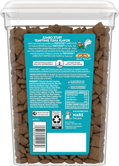 Crunchy and soft imported cat treats with savory tuna filling packaging details