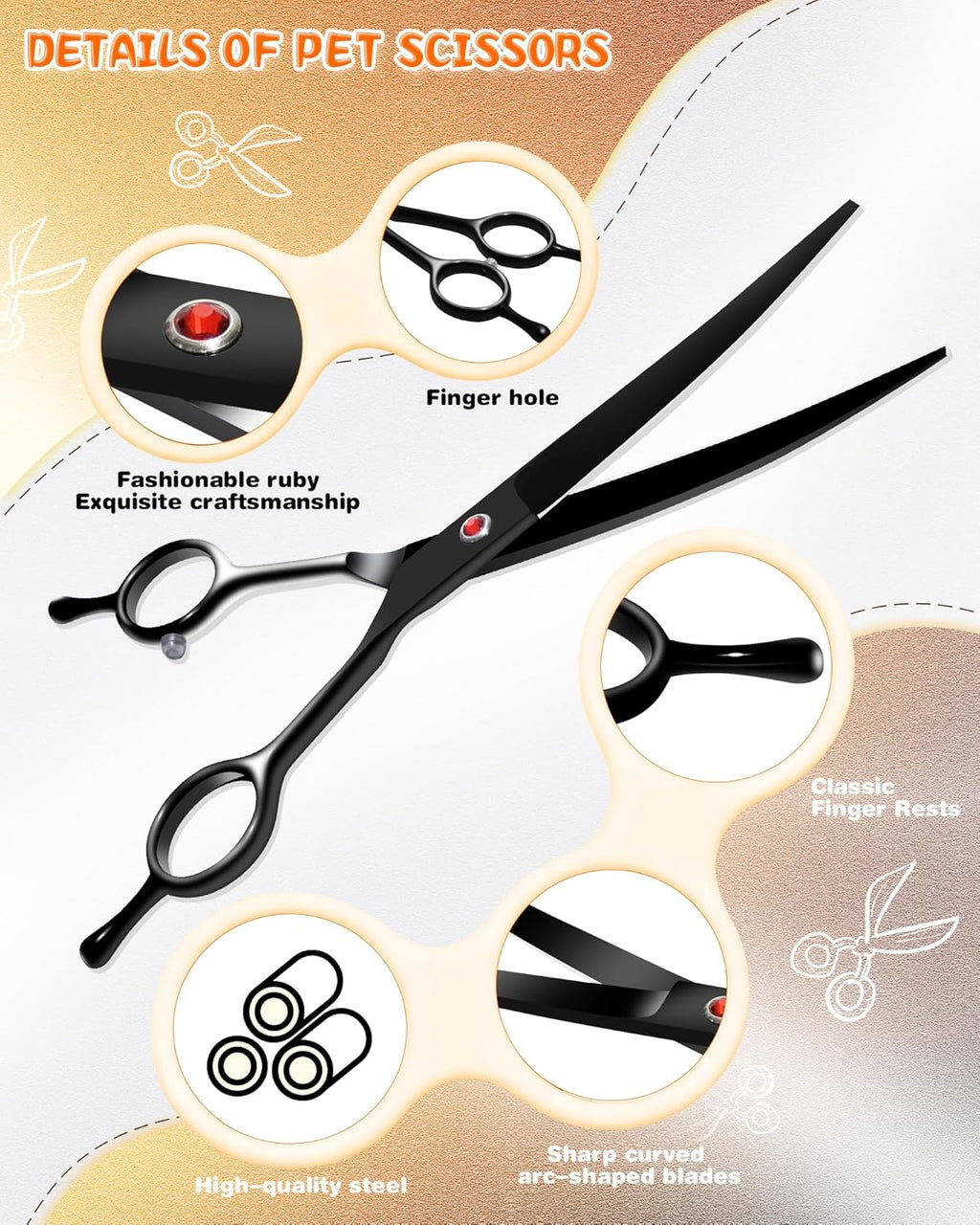 Close up of the thirty degree curved stainless steel blade on pet grooming shears