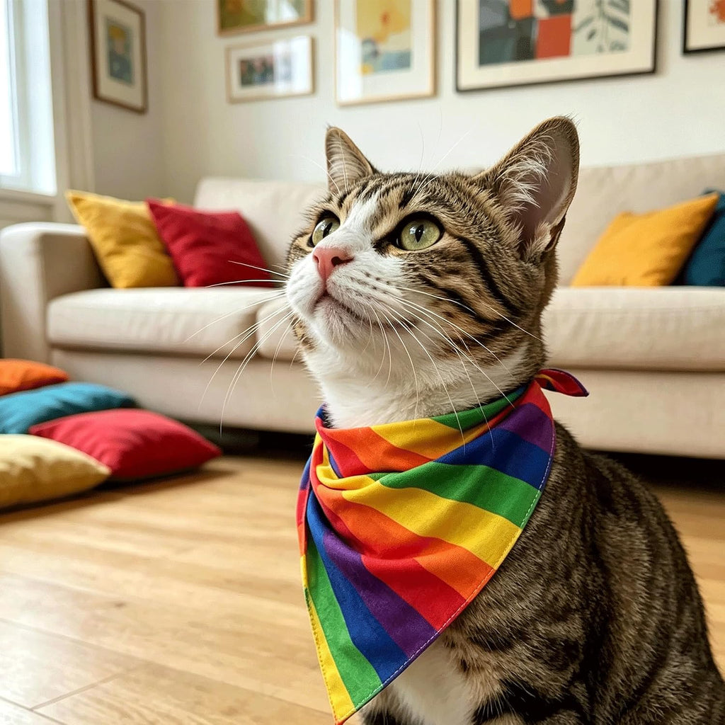 Tinsow Rainbow Pet Bandana tied comfortably around a small dog for festive events.