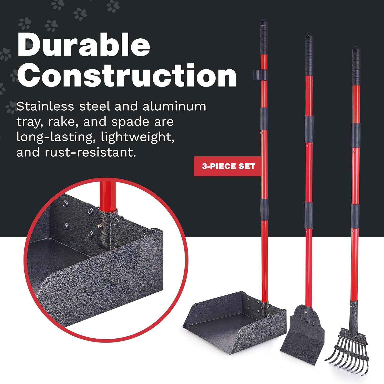 Pawler imported three piece pet scooper set hanging in garage storage.