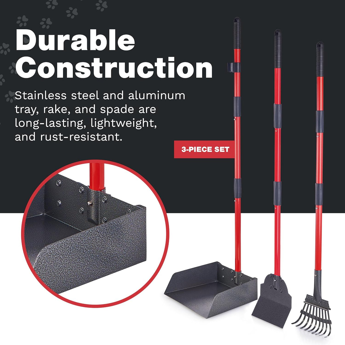 Pawler imported three piece pet scooper set hanging in garage storage.