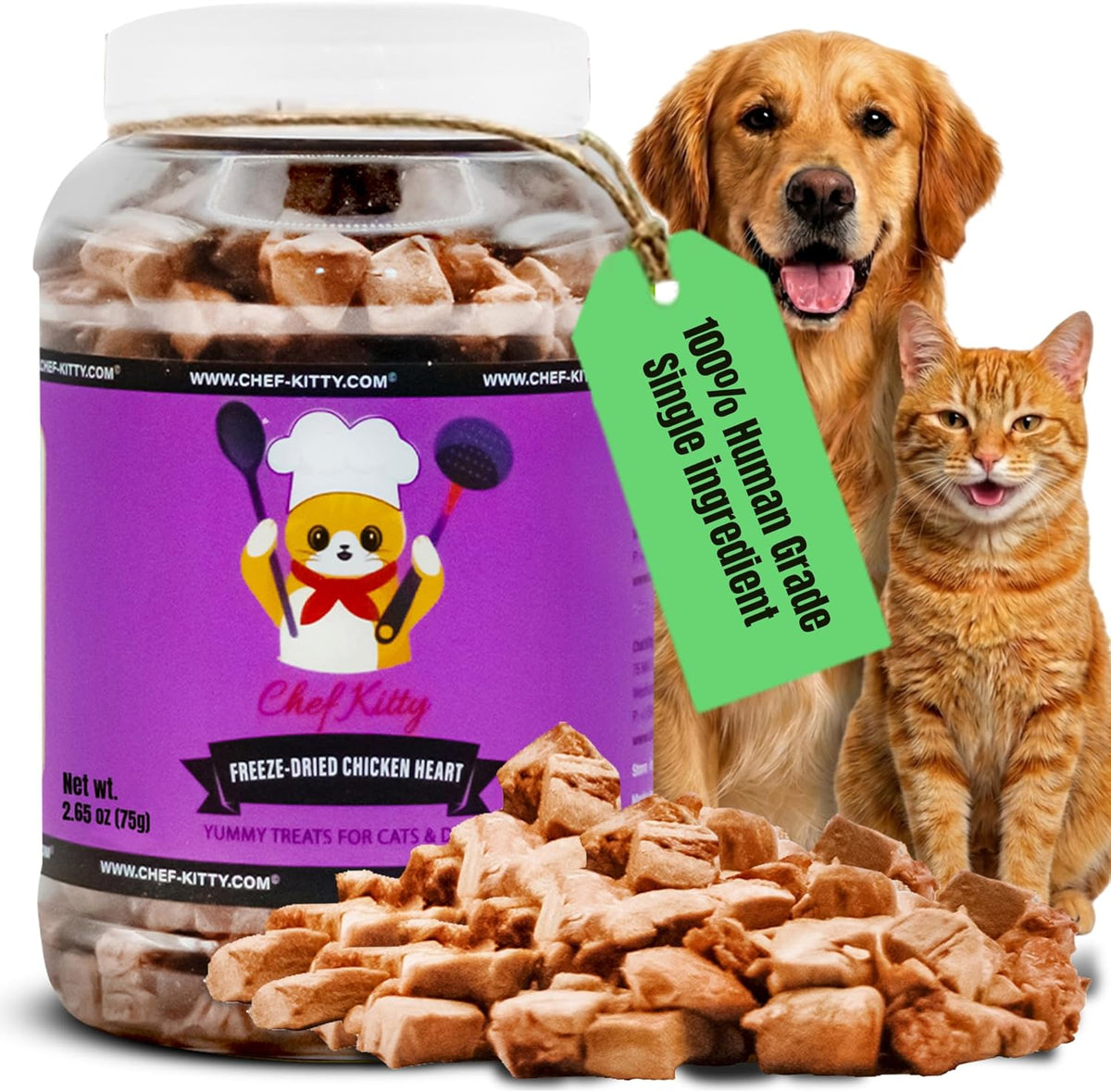 Chef Kitty Freeze Dried Chicken Hearts pet treats front packaging view