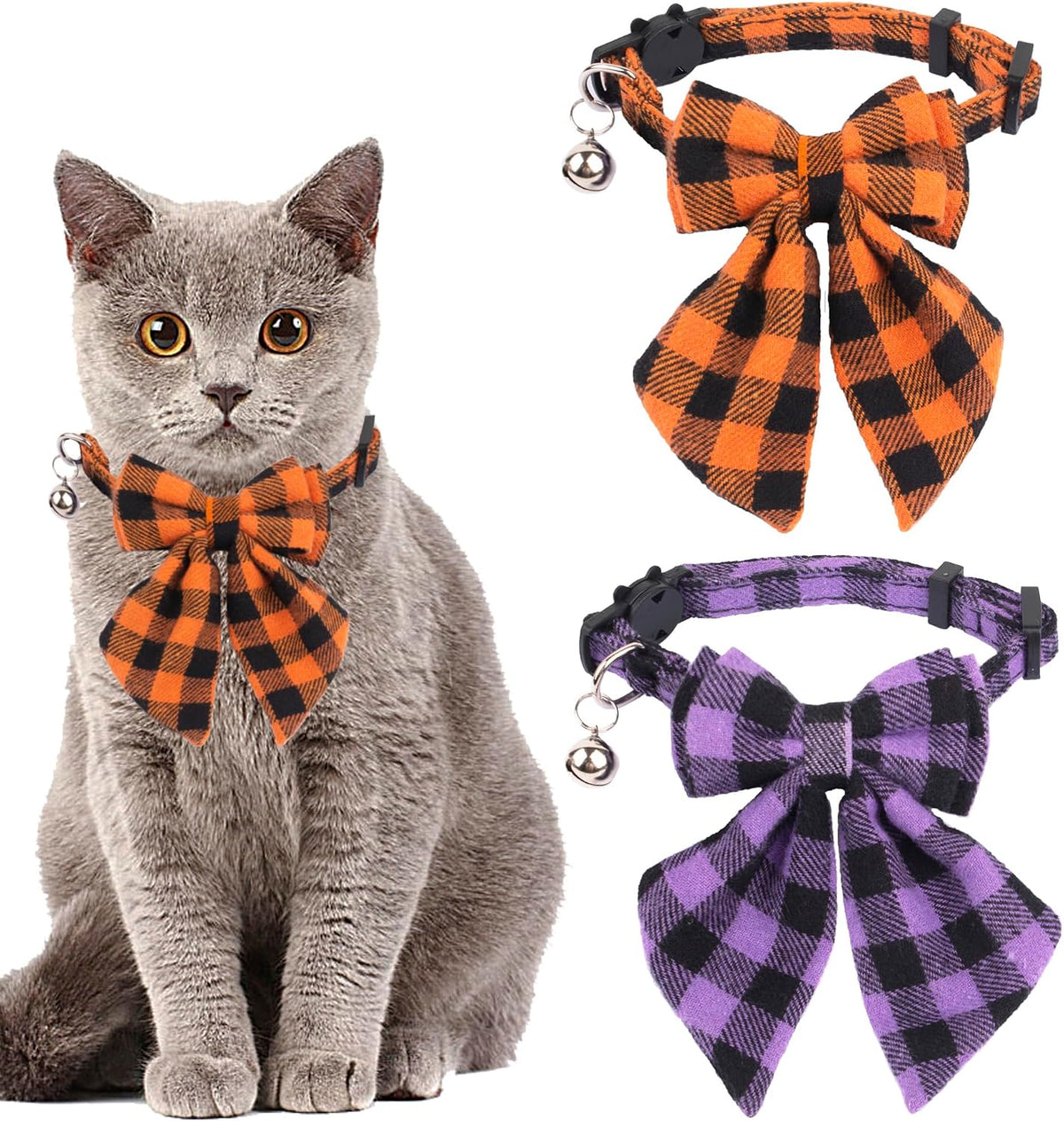 Boy Cat Collar Breakaway with Bell, Blue Plaid Cat Shirt Collar - Image 9