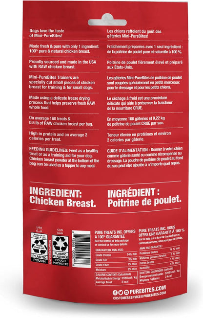 PureBites Mini Trainers chicken breast dog treats showing small high value bite sizes
