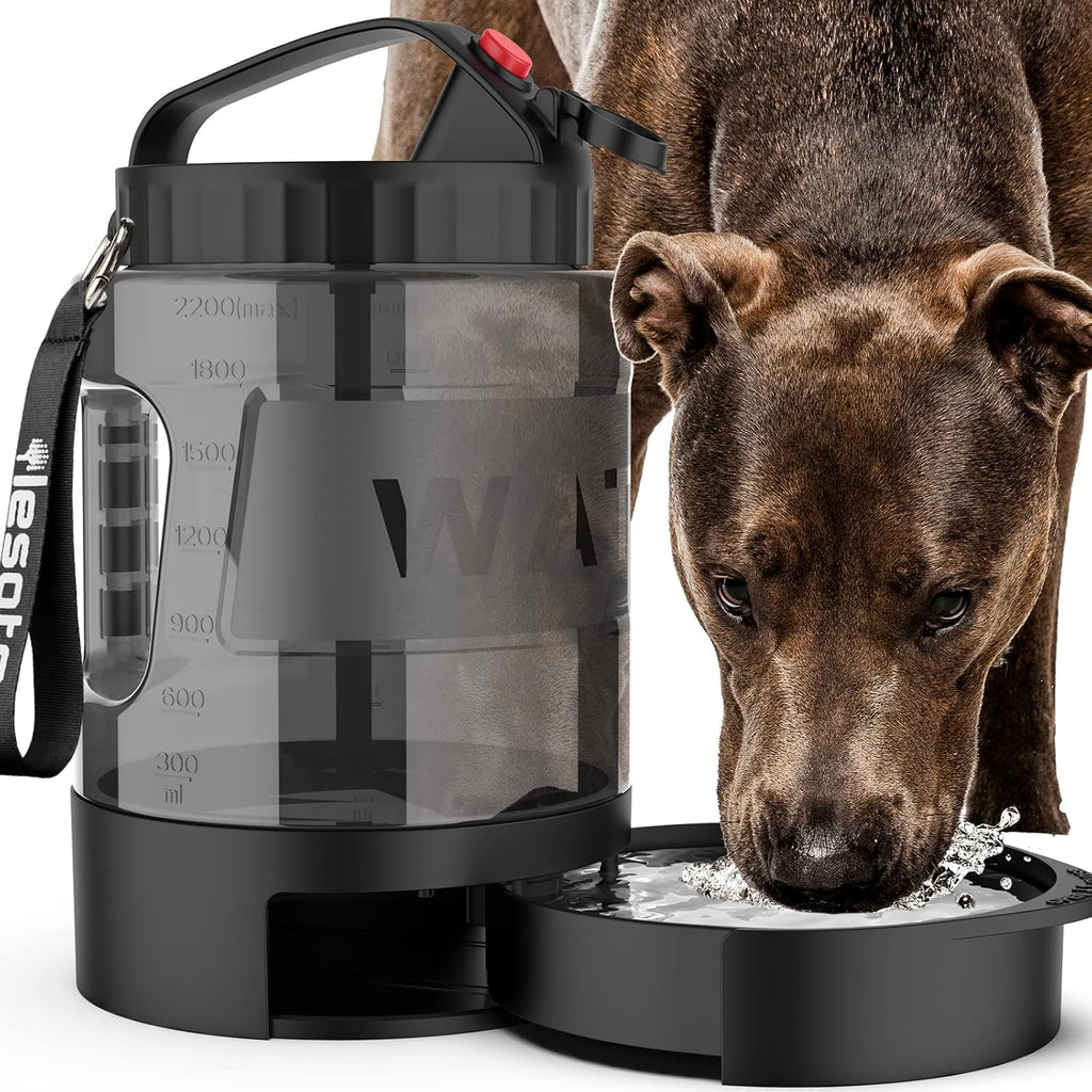 Lesotc portable dog travel water bottle front view with pull out bowl extended.