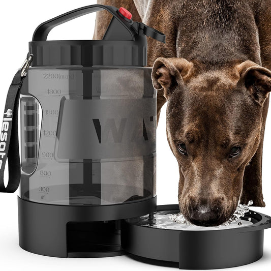 Lesotc portable dog travel water bottle front view with pull out bowl extended.