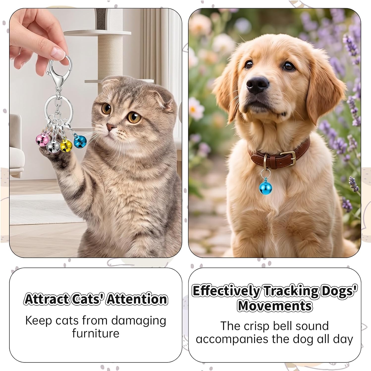 Nine multi colored kitten and puppy collar tracking accessories organized neatly in a row.