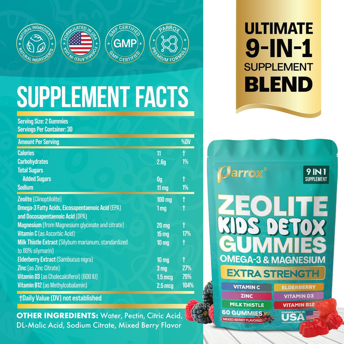 Parrox 9-in-1 sugar free berry gummies nutritional facts label