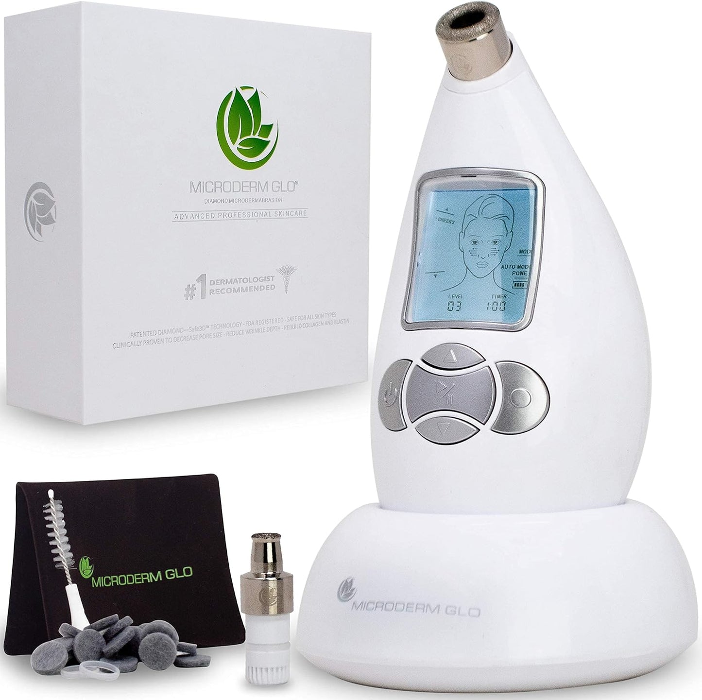 Microderm GLO Diamond Microdermabrasion Machine front view showing ergonomic teardrop design and premium diamond tip.