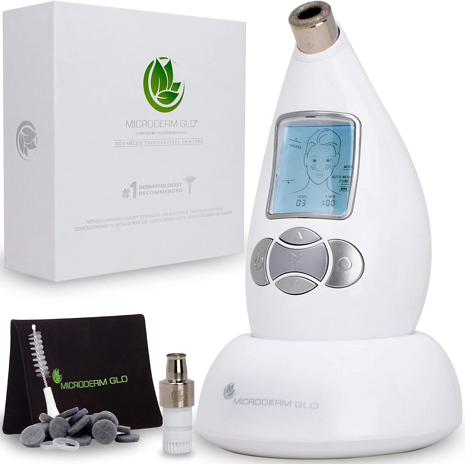 Microderm GLO Diamond Microdermabrasion Machine front view showing ergonomic teardrop design and premium diamond tip.