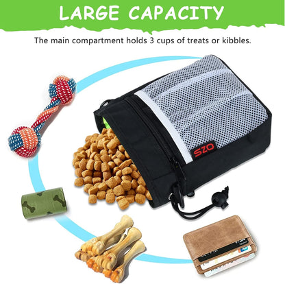 SZO black pet training bag displaying the three different wear modes using the waist belt and shoulder strap.