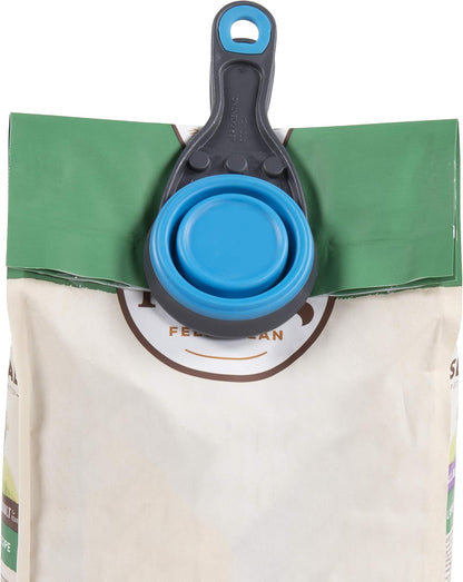 Close up of bag clip feature on pet food packaging