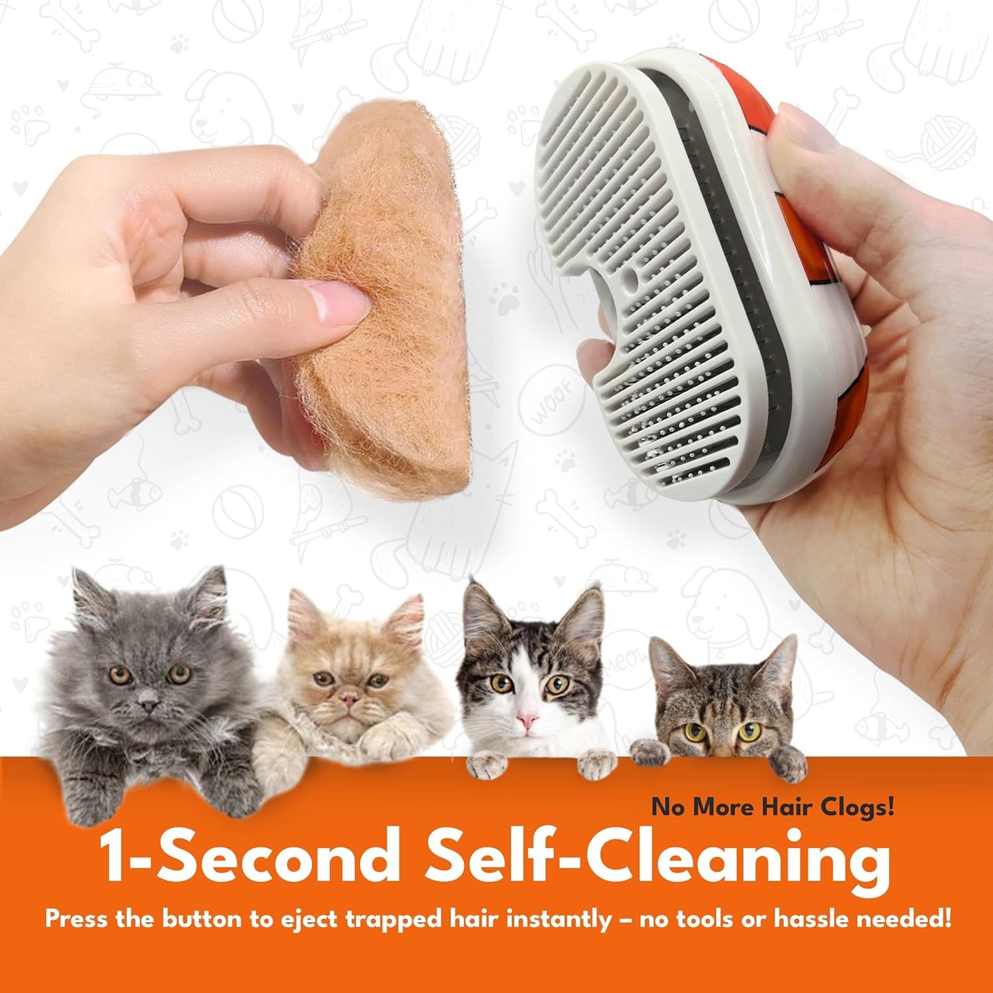 Groomiez cat steam brush showing one-click cleaning feature