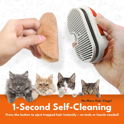 Groomiez cat steam brush showing one-click cleaning feature