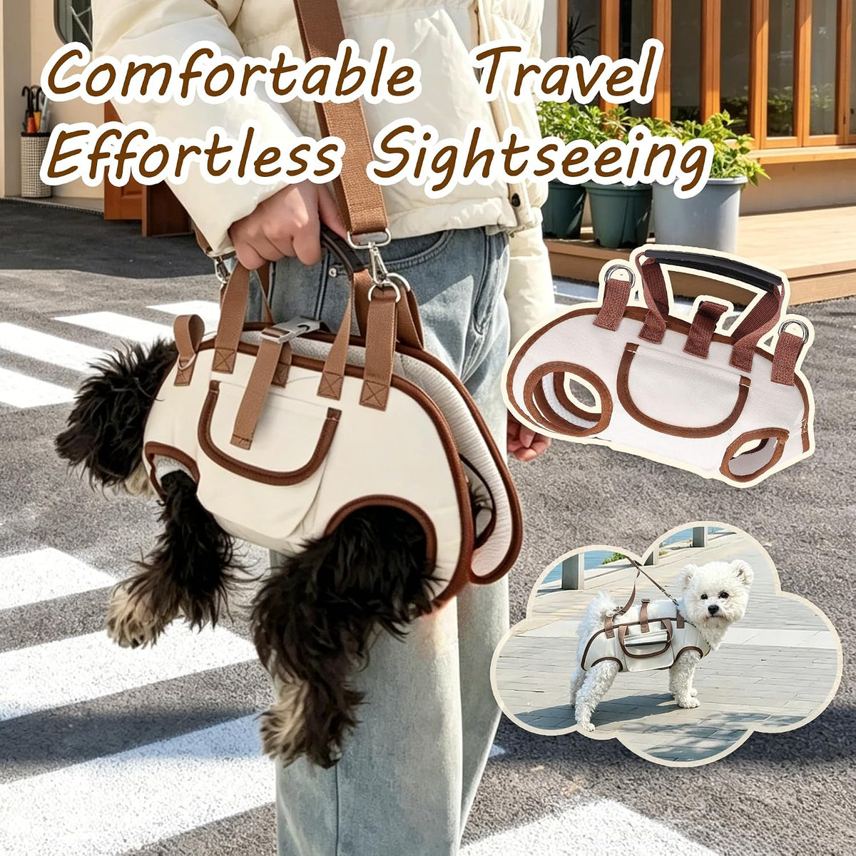 Adjustable shoulder straps and safety clip closure on the brown pet carrier sling backpack.