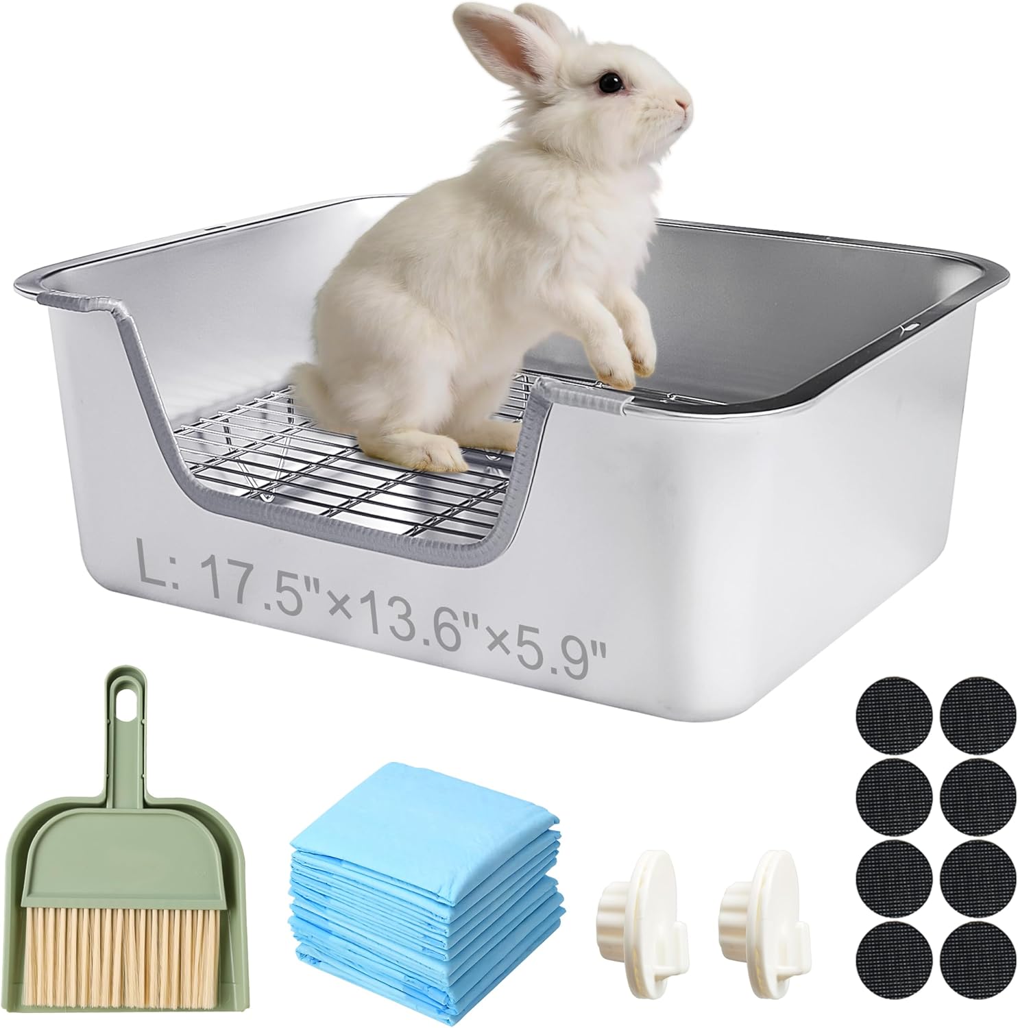 Stainless steel litter box installed inside a wire rabbit cage