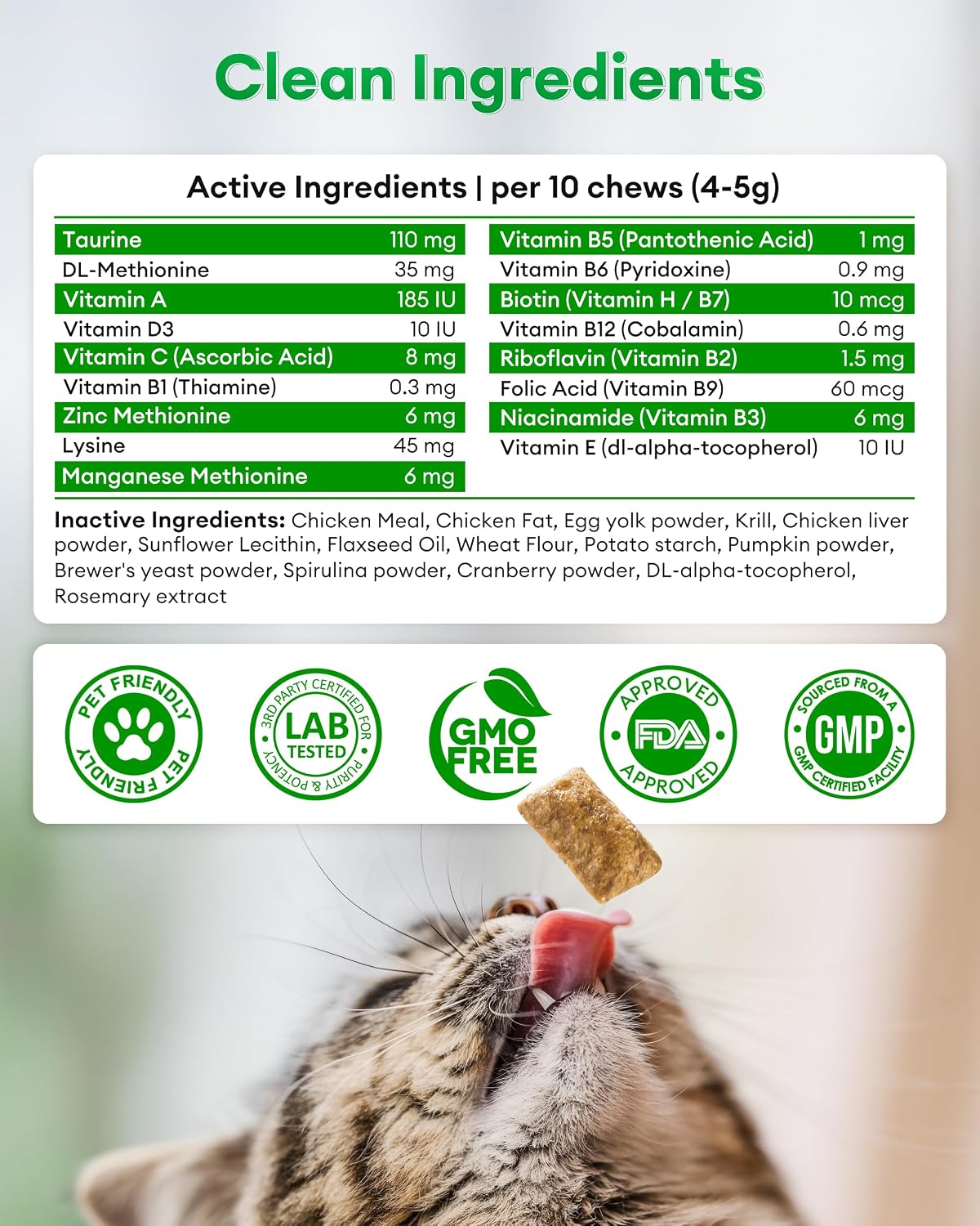 Chicken flavored feline multivitamin chews for joint and digestive support