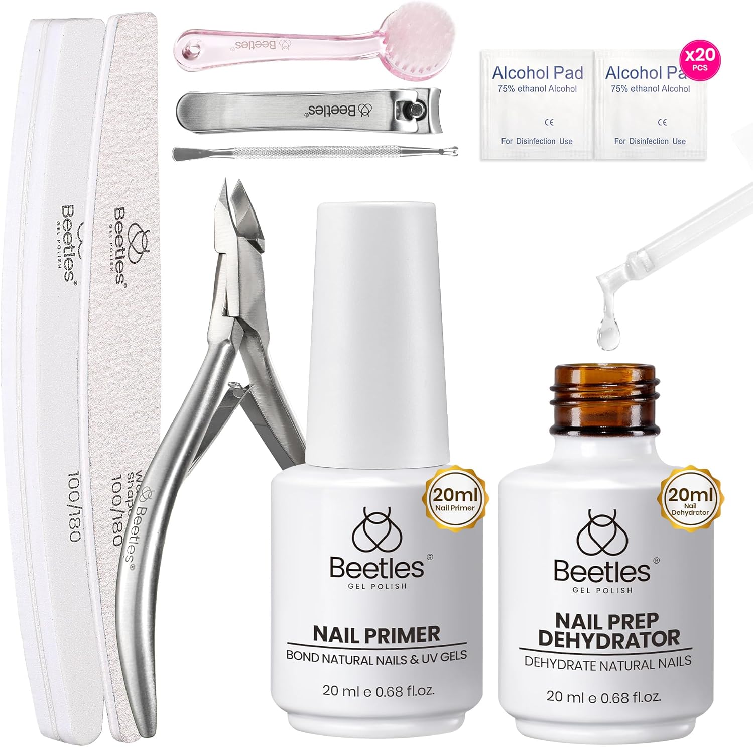 Beetles nail prep kit with 20ml dehydrator and primer bottles front view
