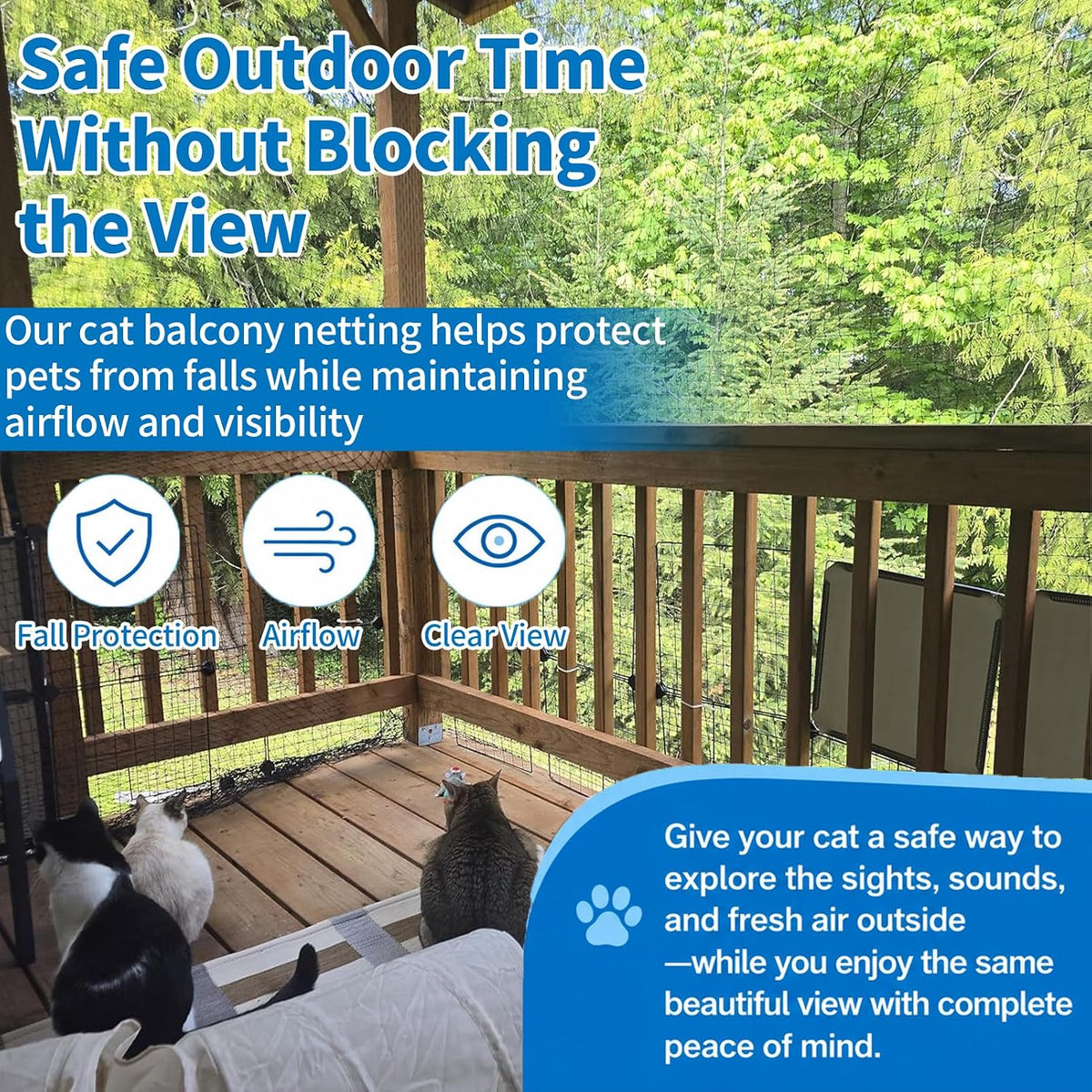 Installation view of Poyee cat netting on outdoor balcony railing