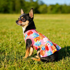 Imported tropical themed small breed girl dog dress for outdoor vacation activities.