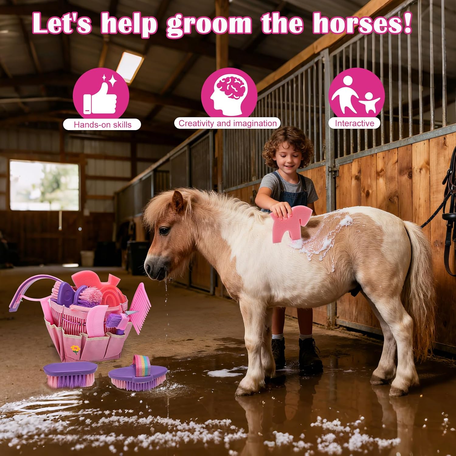 Close-up of the professional equine brushes with pink and purple handles from the grooming set.