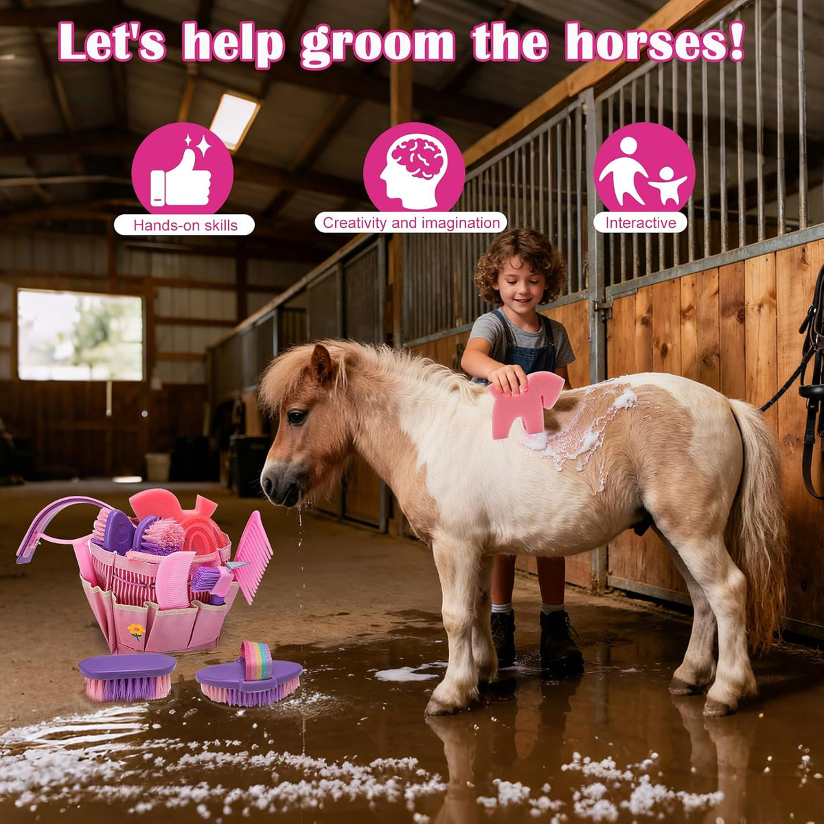 Close-up of the professional equine brushes with pink and purple handles from the grooming set.