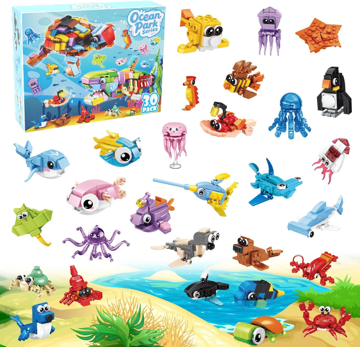TWERF Ocean Party Favors front view of packaging showing multiple mini marine animal building blocks