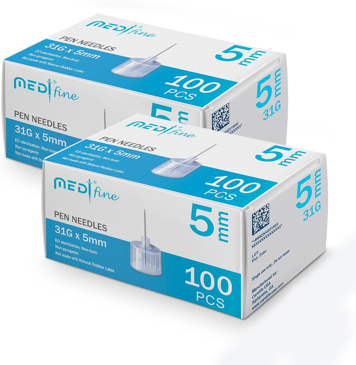 Medt Fine Insulin Pen Needles 31G 5mm front view of the two hundred count retail packaging.