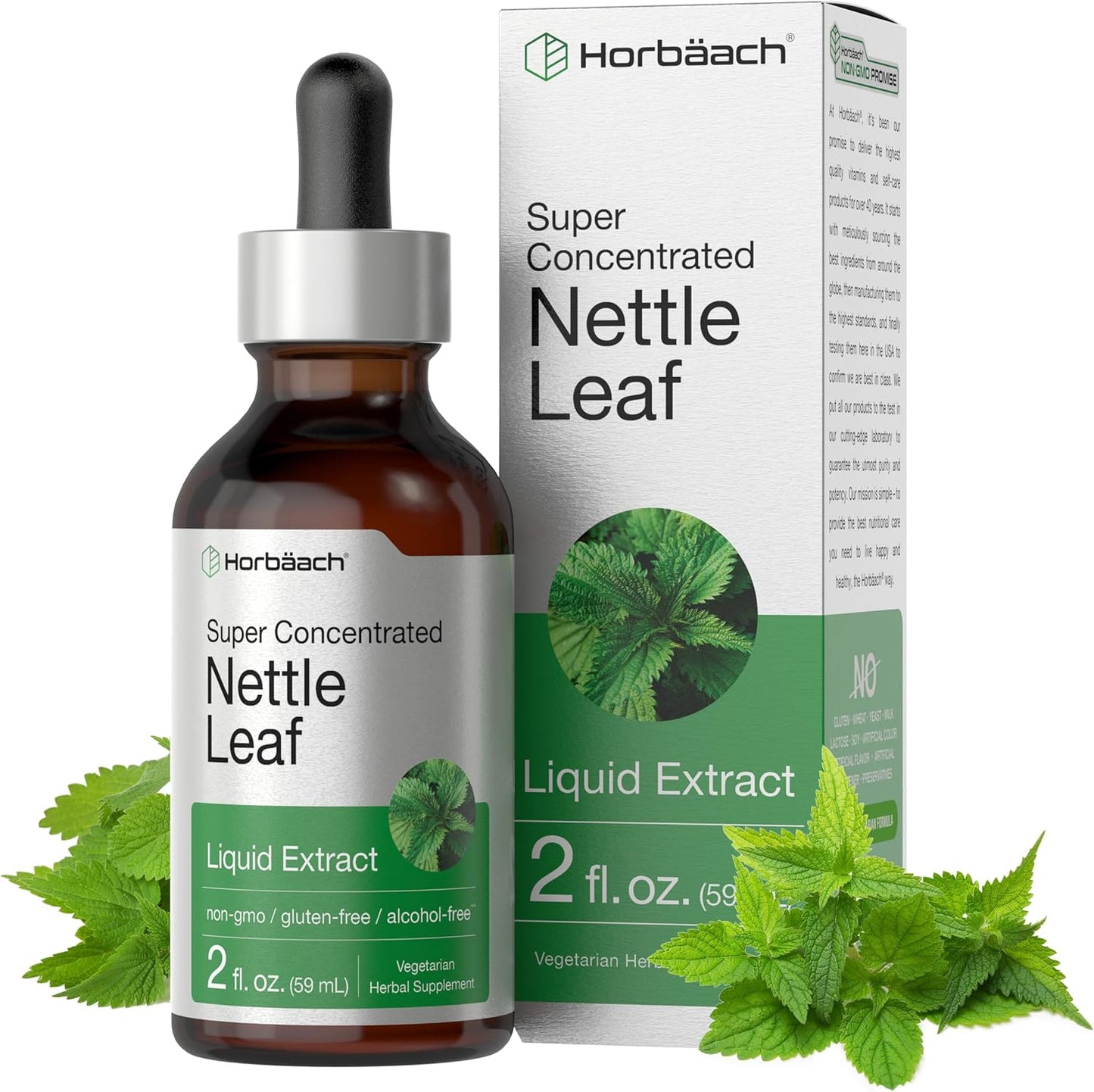 HorbÃ¤ach Nettle Leaf Extract Drops front view bottle showing alcohol free vegetarian liquid supplement label