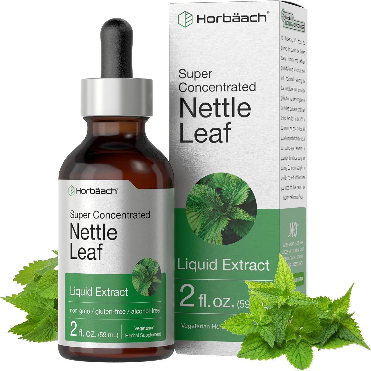 HorbÃ¤ach Nettle Leaf Extract Drops front view bottle showing alcohol free vegetarian liquid supplement label