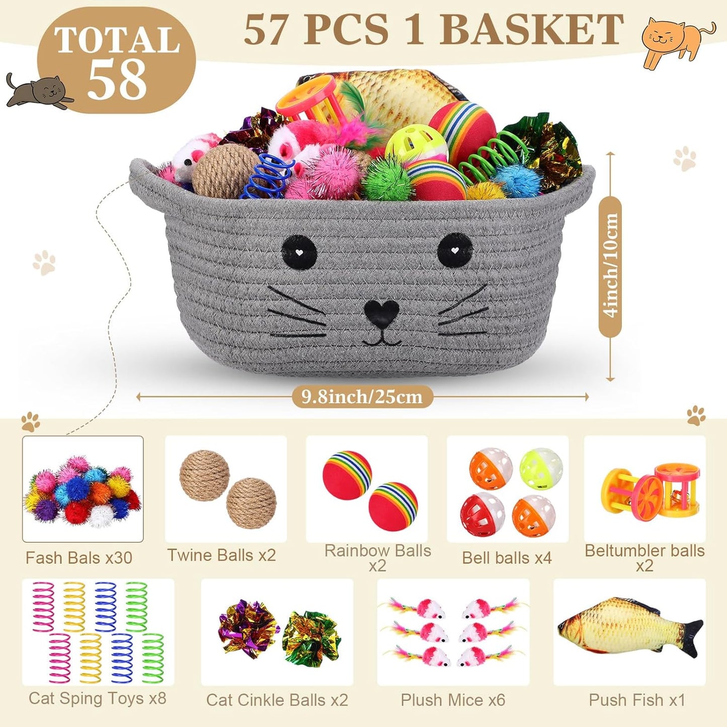 Assorted colorful flashing balls and interactive spring toys from the Zopeal cat gift set spread out