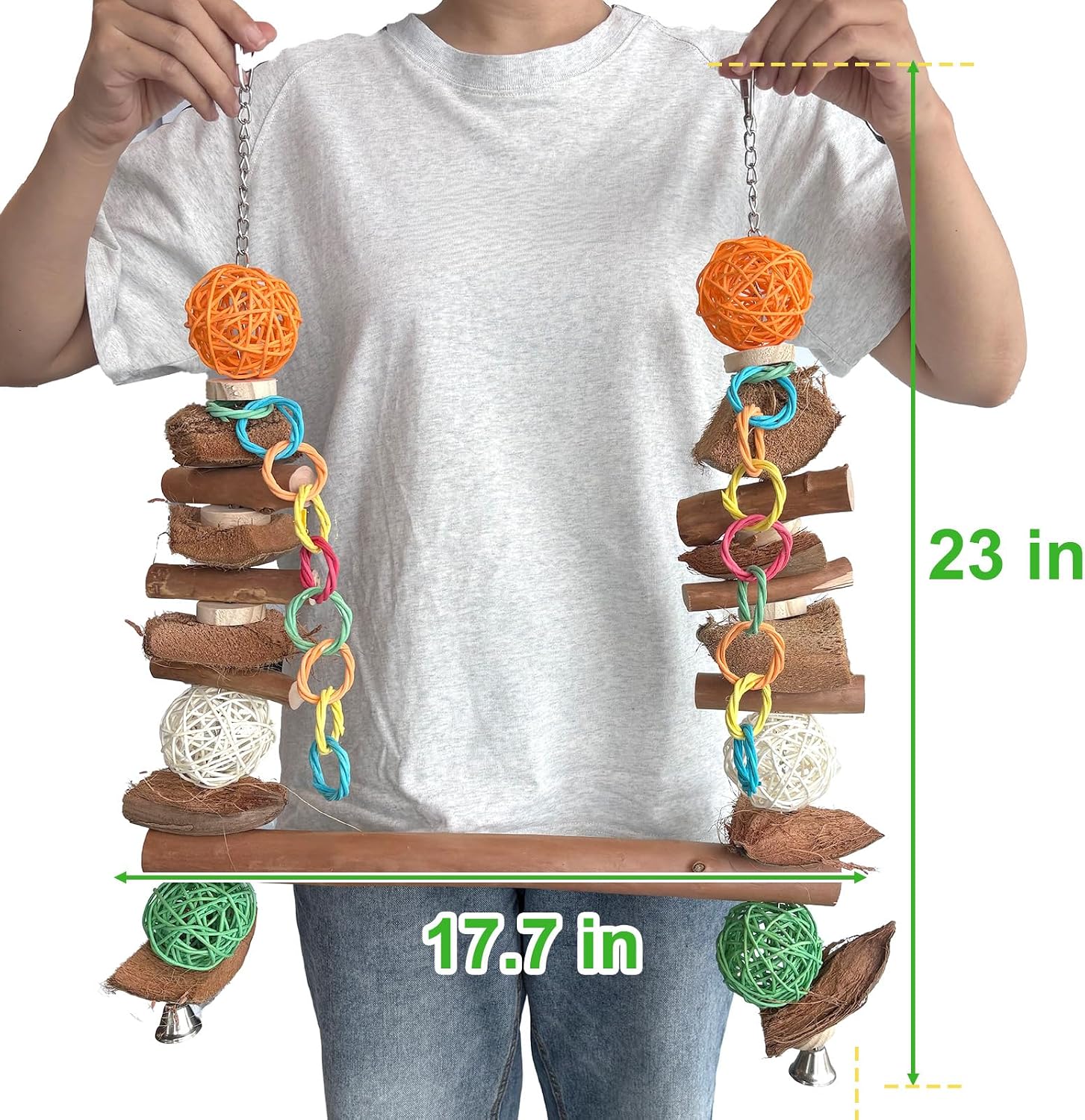 Unimaxlink bird swing perch with natural wood blocks and colorful rattan balls close up.