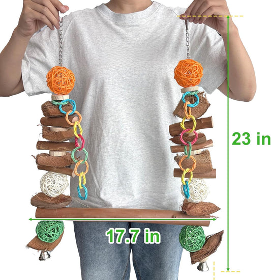 Unimaxlink bird swing perch with natural wood blocks and colorful rattan balls close up.