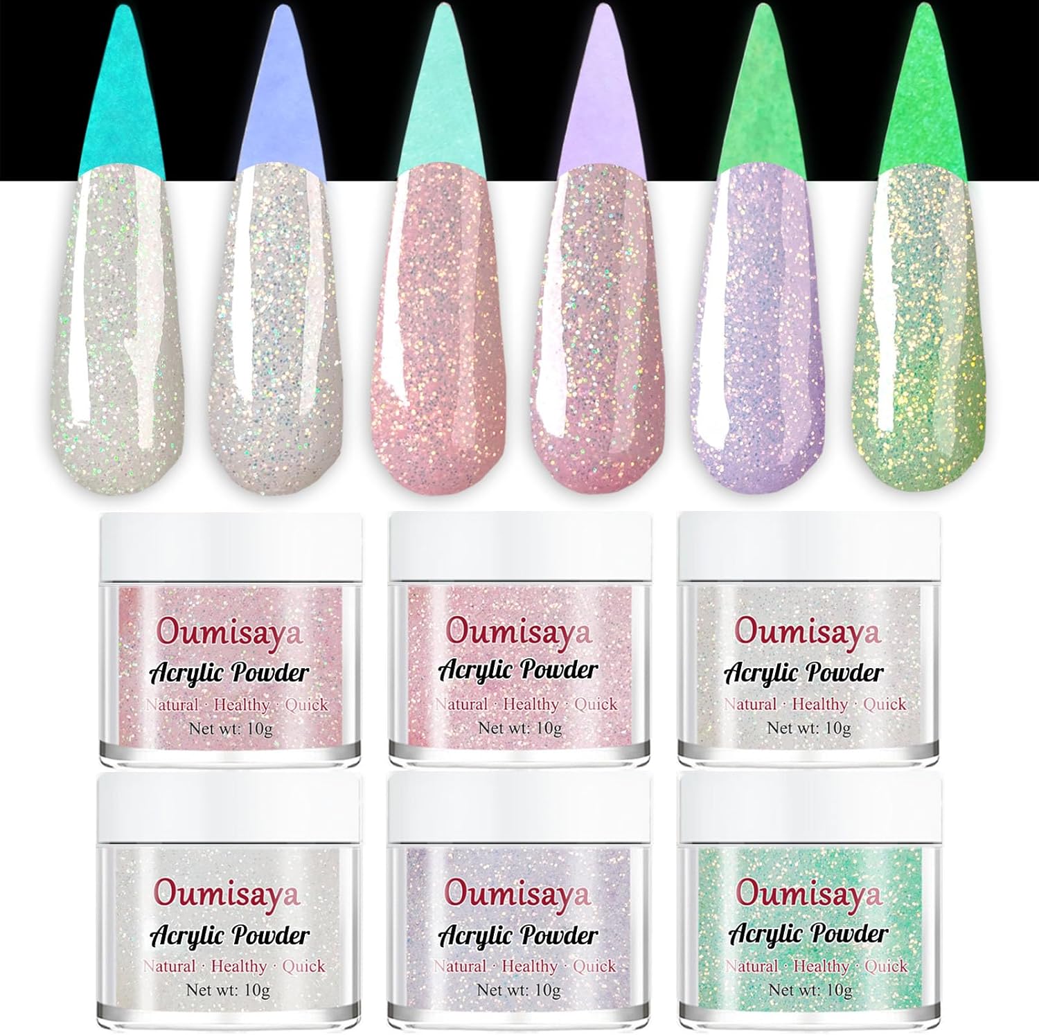 Oumisaya glow in the dark glitter acrylic nail powder set front view