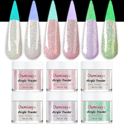 Oumisaya glow in the dark glitter acrylic nail powder set front view