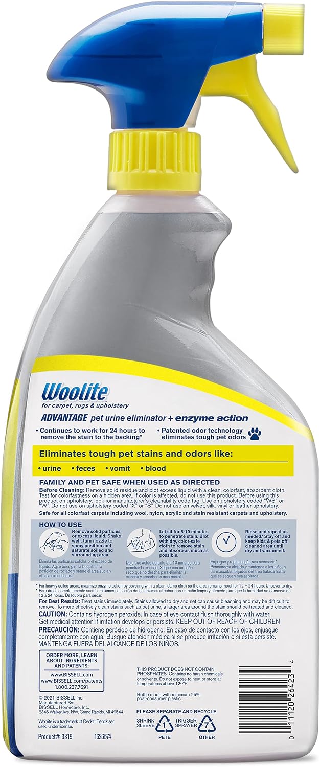 Bissell Woolite pet stain remover 44 fluid ounce bottles showing enzyme action details