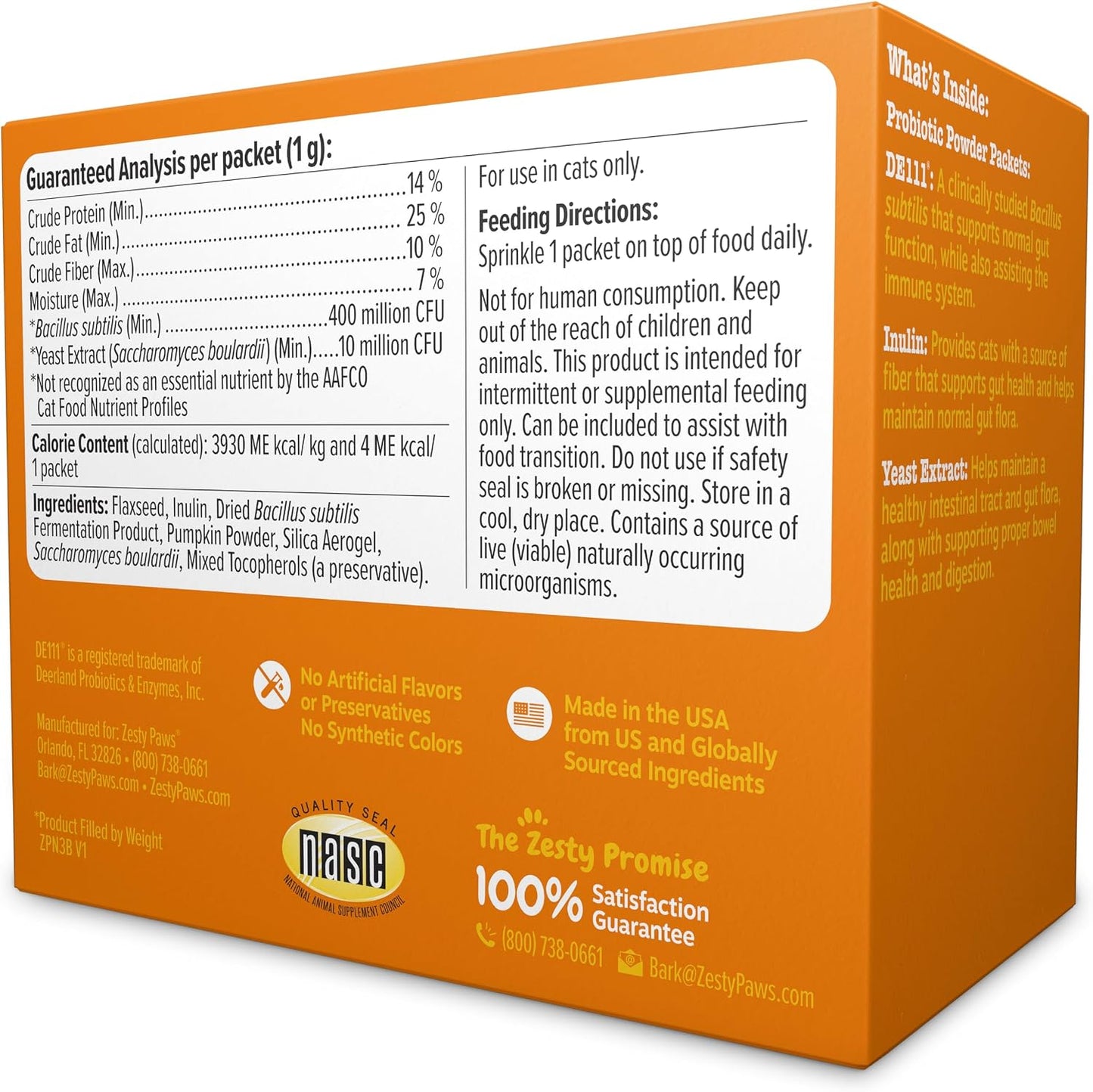 Close up of DE111 Bacillus subtilis cat probiotic powder packets 30 count box.