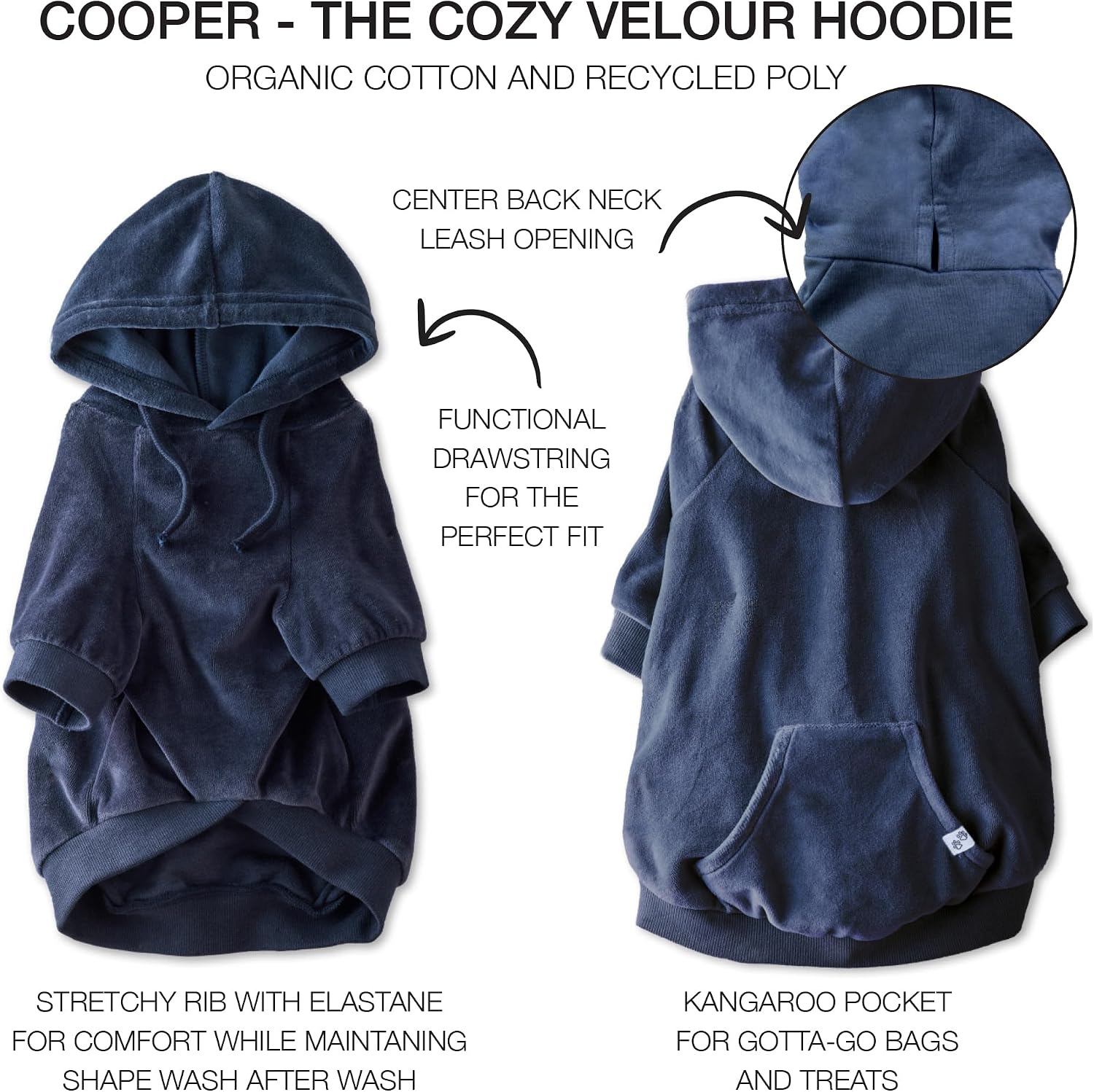 Pet Passion navy blue medium dog hoodie adjustable drawstring hood closeup