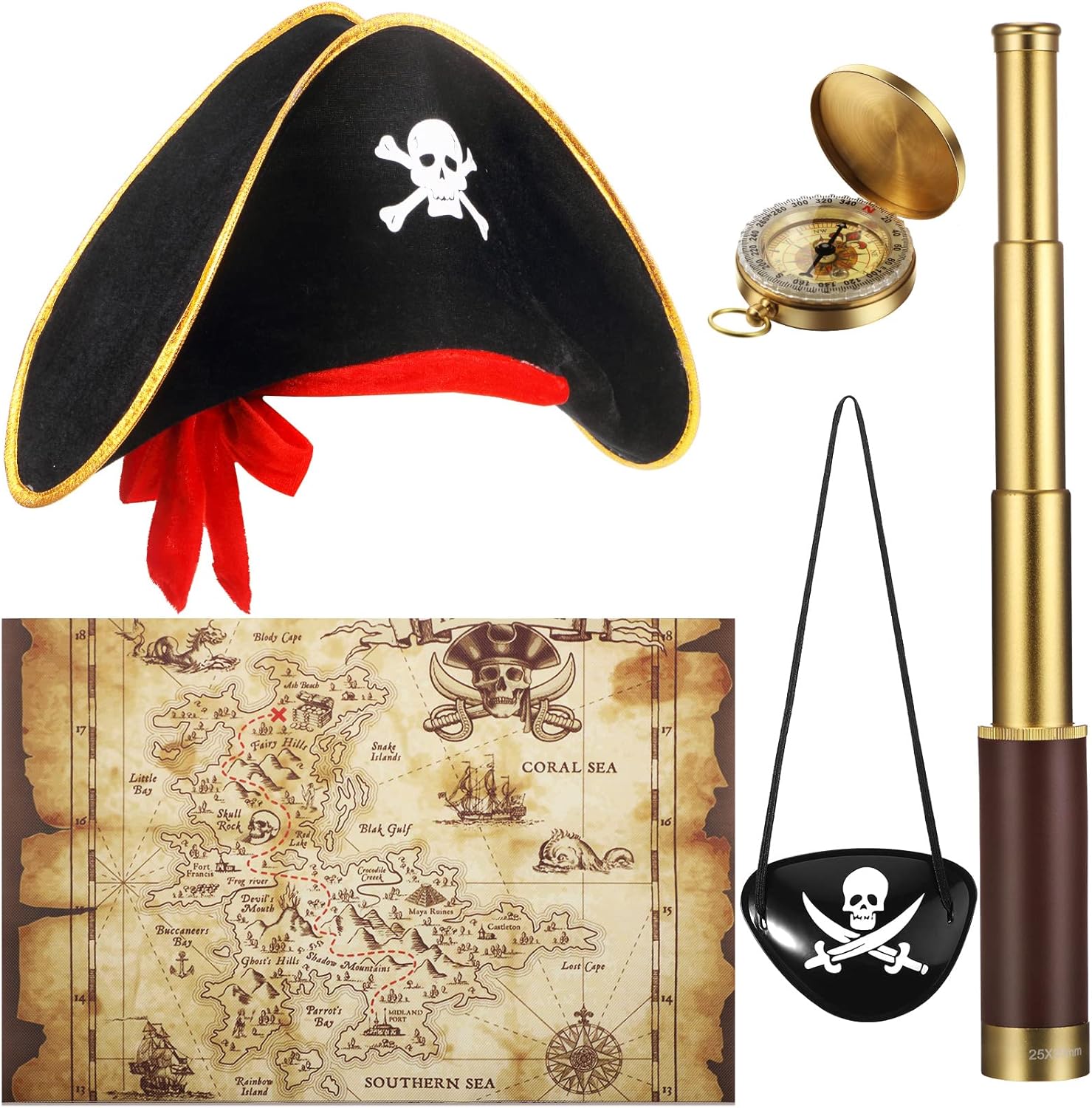 Sratte pirate monocular telescope and five piece costume set front view showing the gold spyglass and skull print hat.